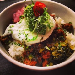 Lou Rou Fan, a tasty dish of braised ground pork, poached egg, pickled mustard greens and pickled onions on a bed of steamed rice.