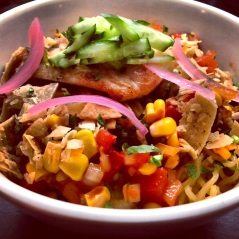 Ramen noodles, white fish, corn chips, pickled red onions and more make this fiesta!